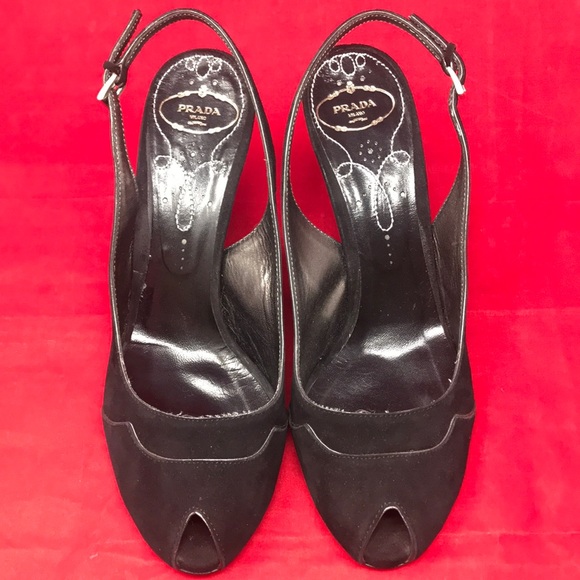 Prada Suede Slingback Peep Toe Wedge Heels - Picture 2 of 8